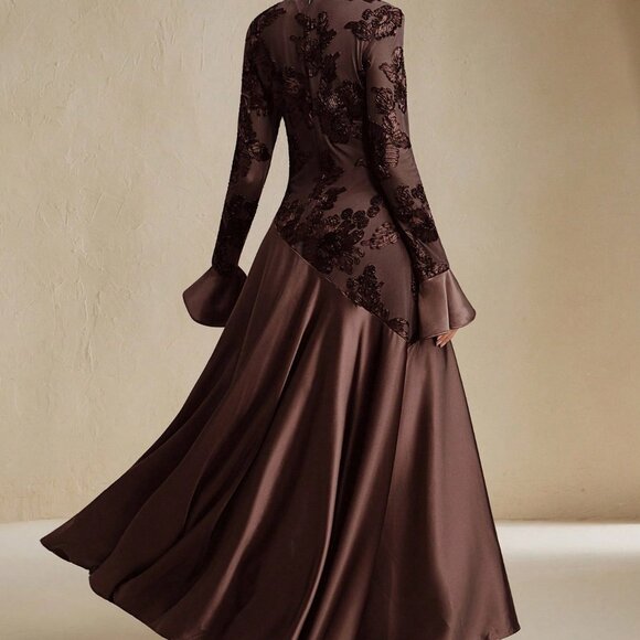 Deep Brown Elegant Women's Floral embroidered bodice with Bell Sleeve Maxi Dress - Picture 2 of 7